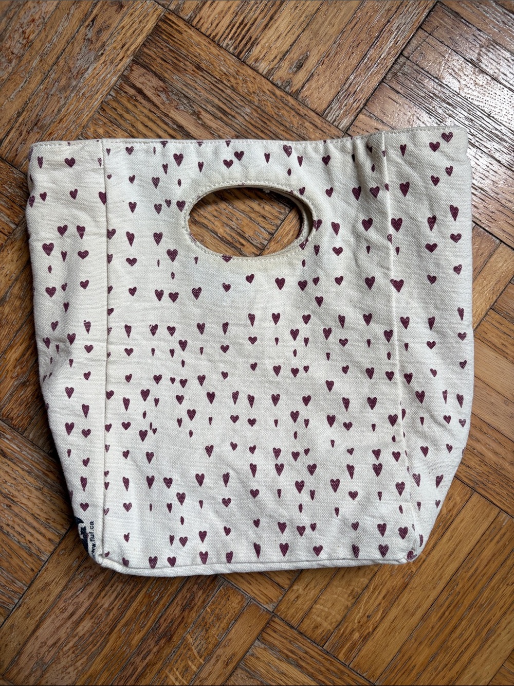Fluff Canvas Lunch Bag with Burgundy Heart Print - Cream